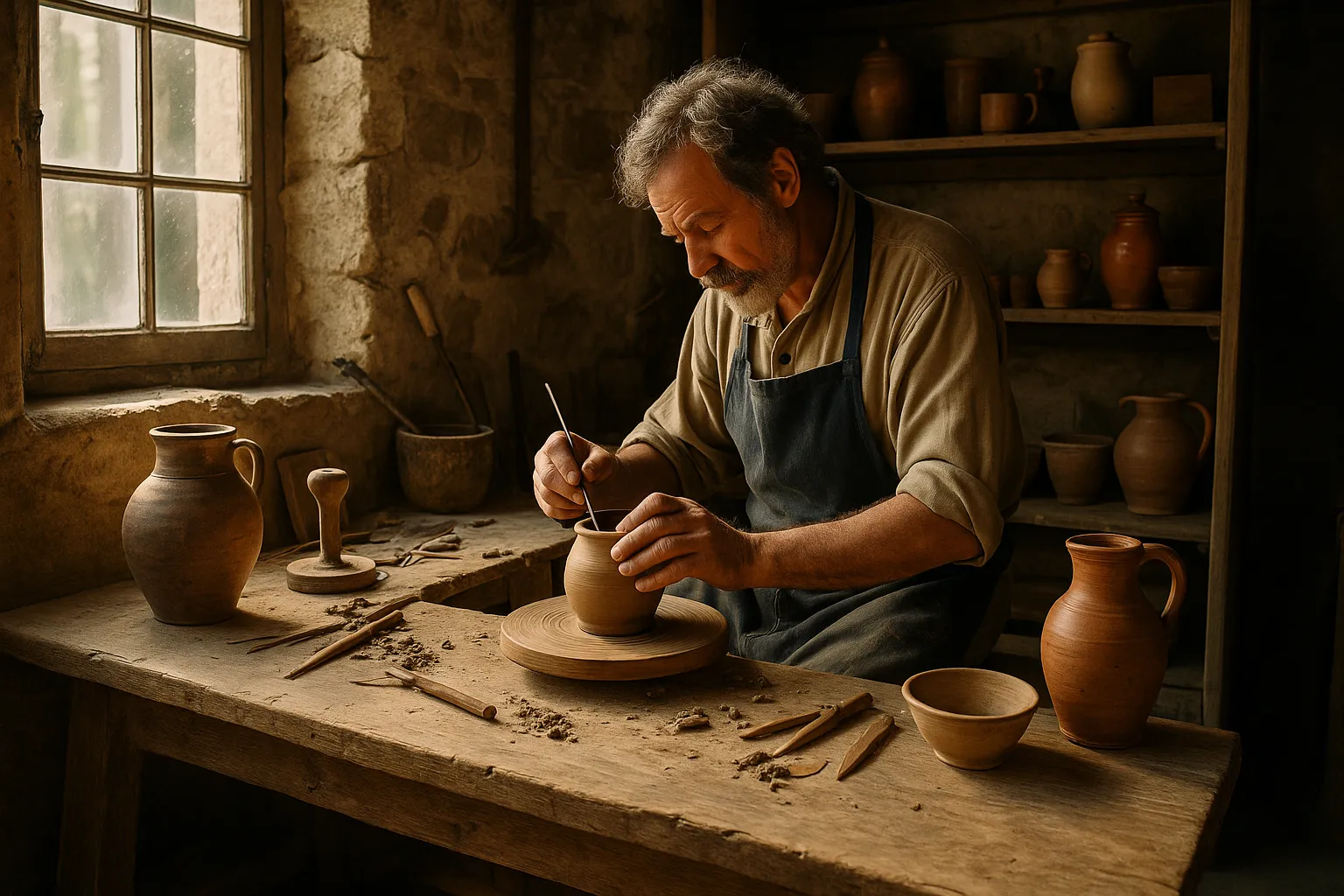 Illustration artisan normand façonnant un pot dans son atelier traditionnel