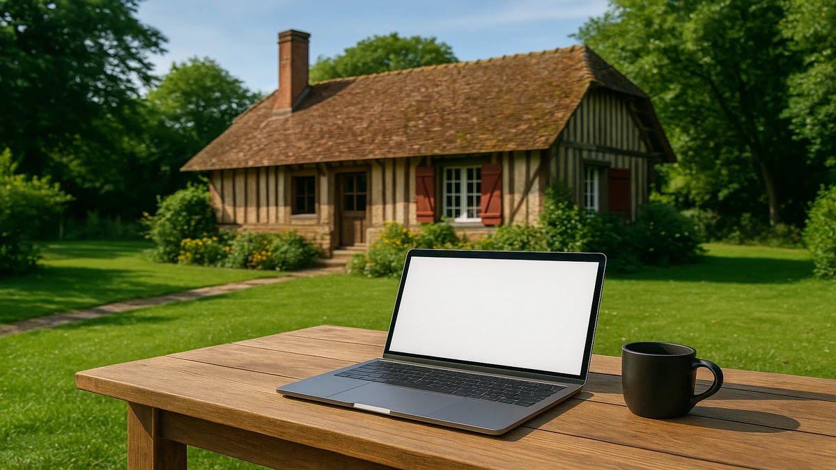 Ordinateur portable sur une table en bois devant un cottage normand à colombages, dans un jardin verdoyant ensoleillé.